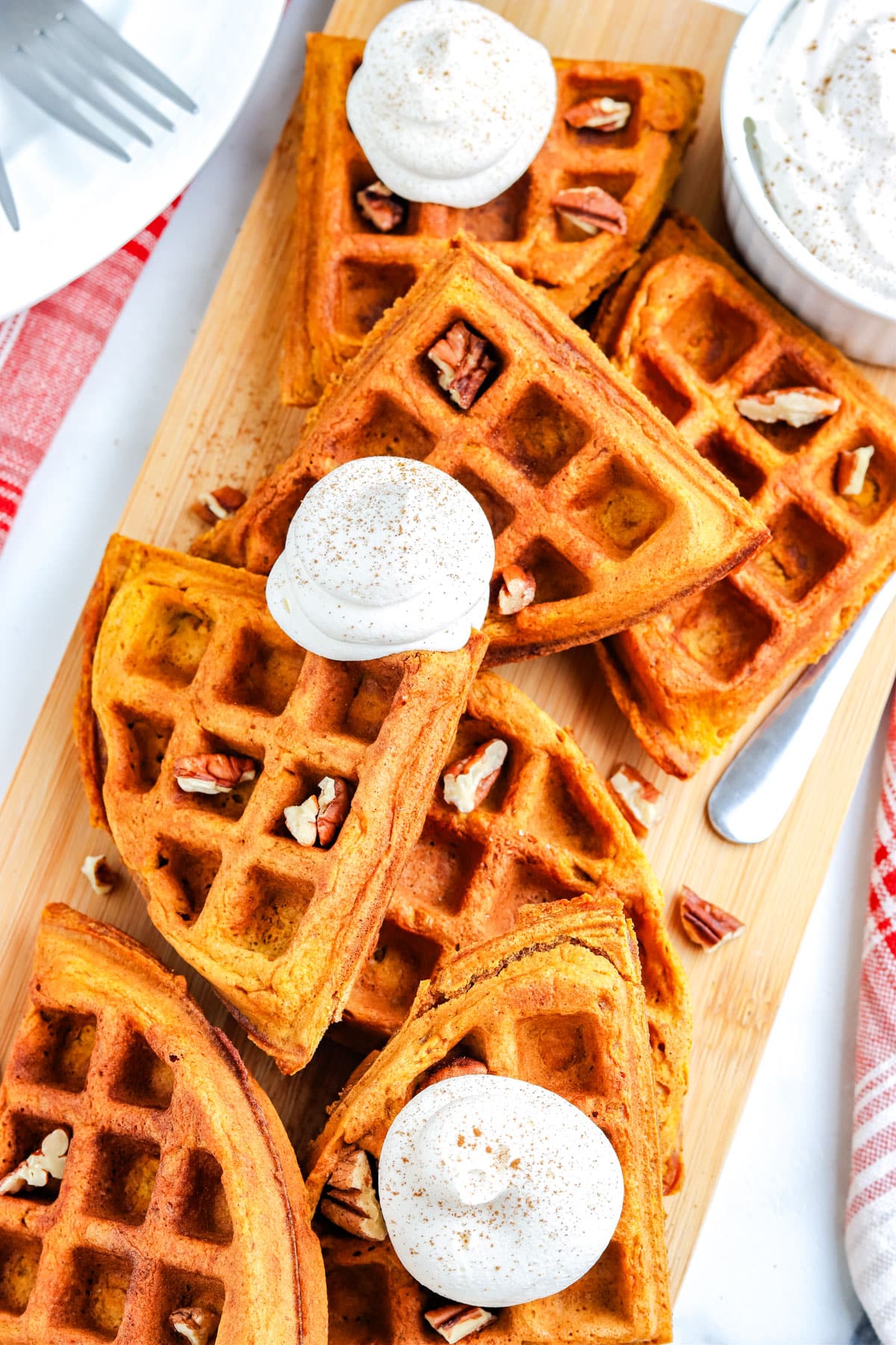 An overhead picture of a platter of Pumpkin Waffles. 