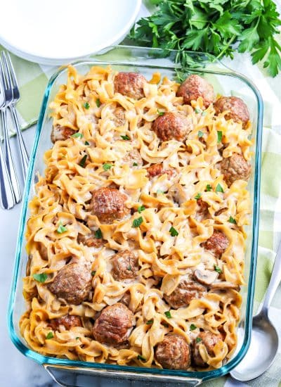 An overhead picture of the finished Swedish Meatball Casserole.