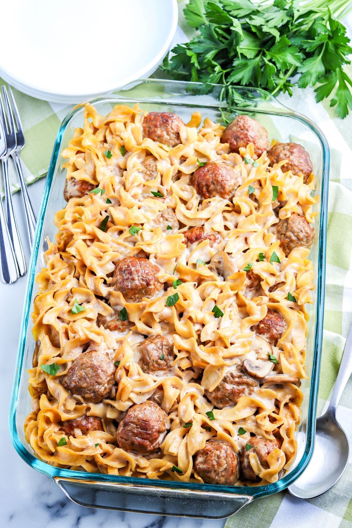 An overhead picture of the finished Swedish Meatball Casserole.