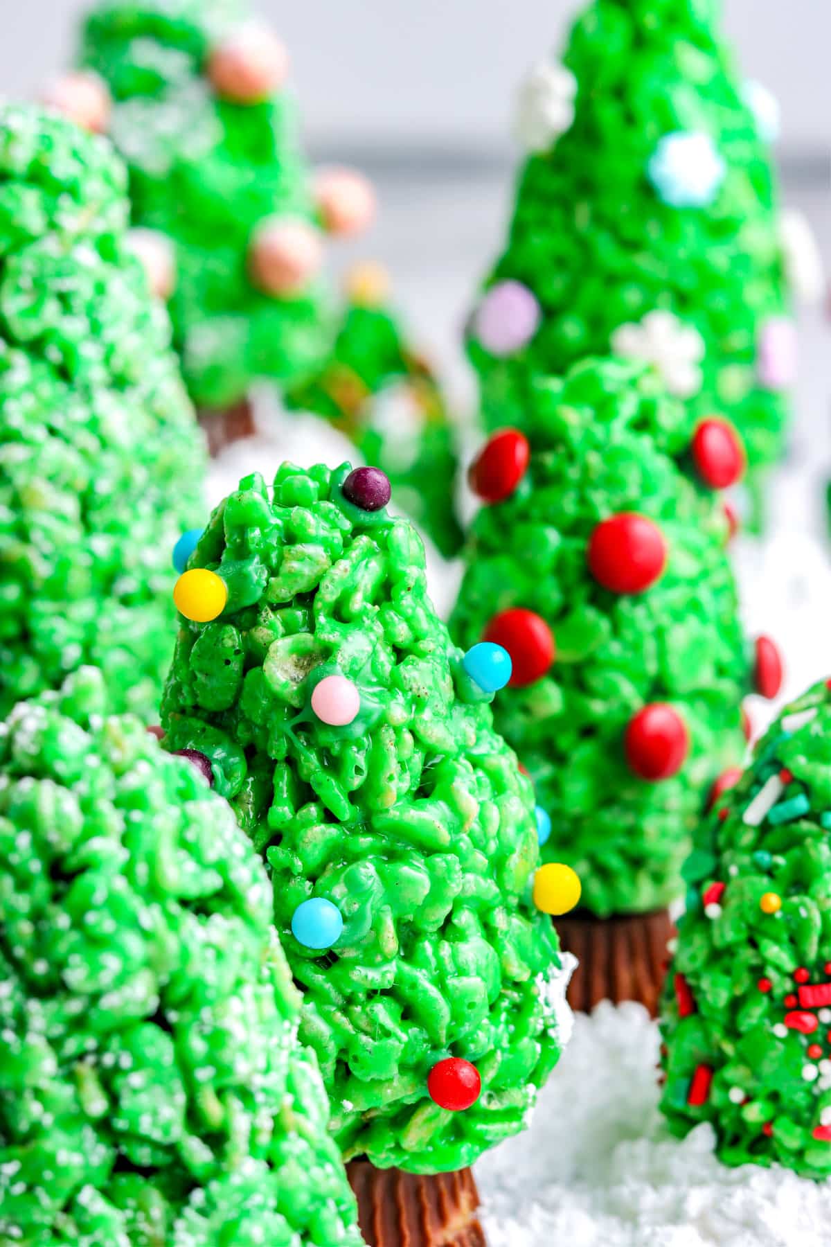 A close up of the finished Rice Krispie Christmas Trees.