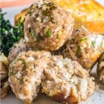 A close up of a Turkey Meatball cut in half so you can see how juicy they are.