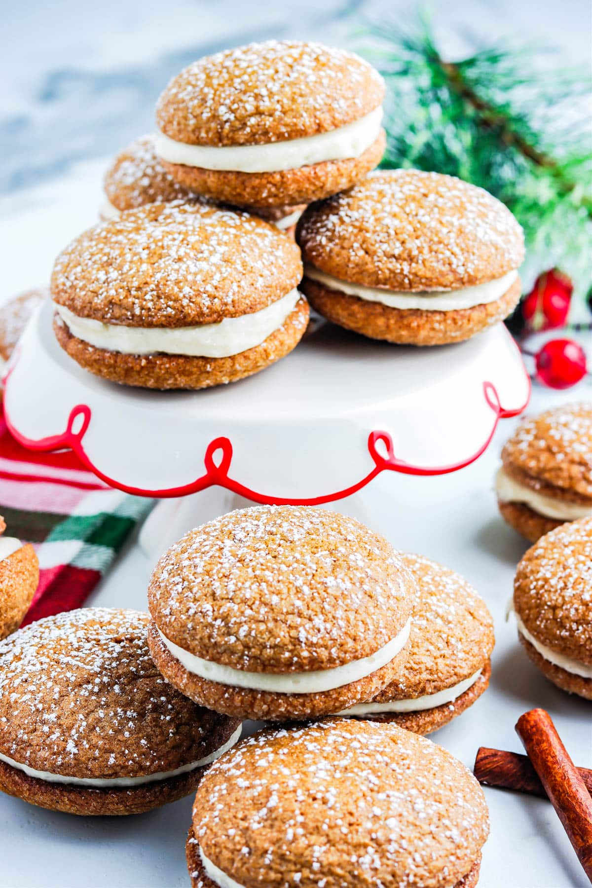 The finished Gingerbread Whoopie Pies on a cake stand. 