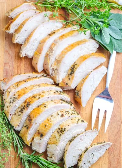 An overhead of Grilled Turkey Breast that's been sliced.