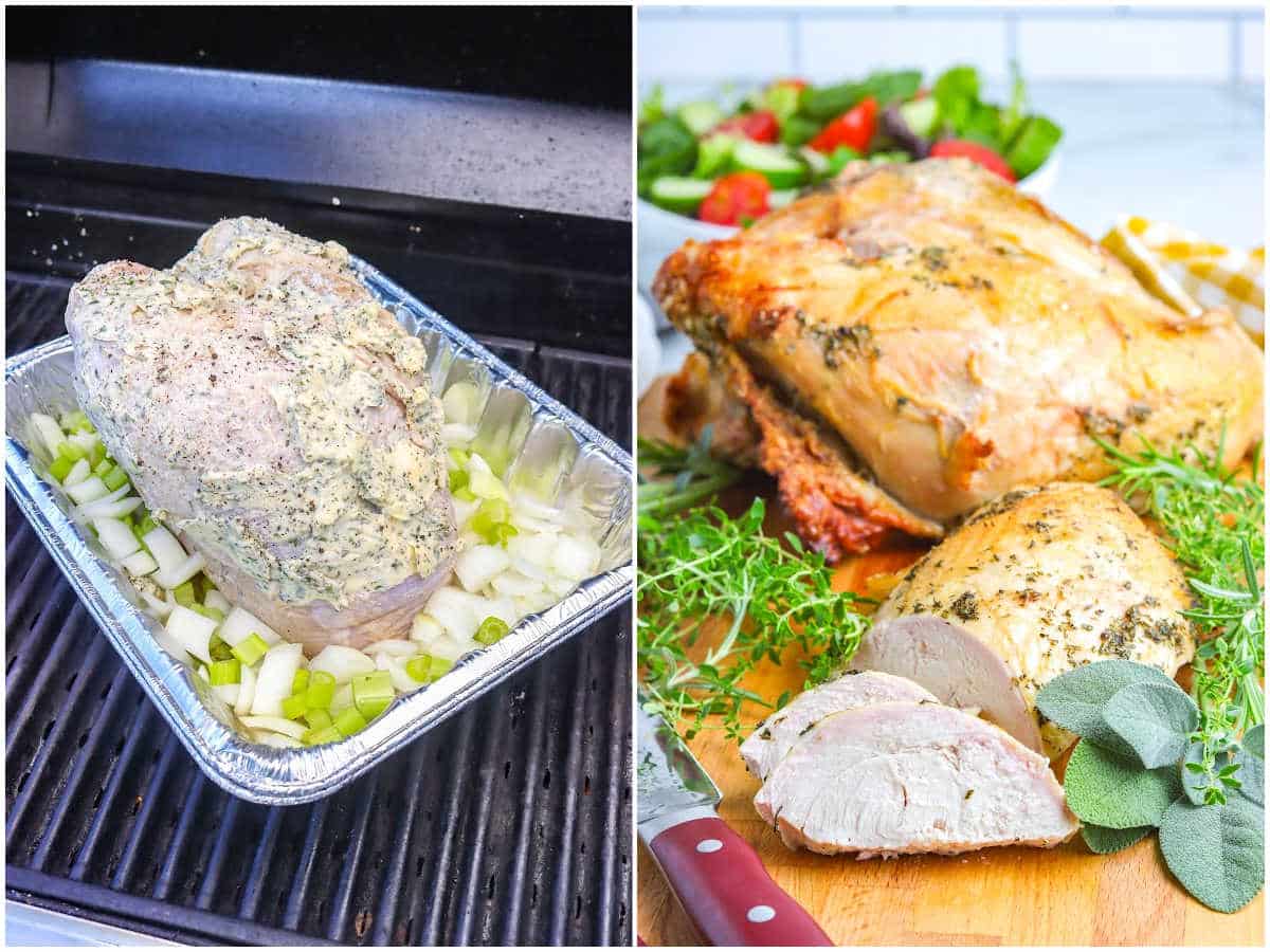 a collage showing how to make grilled turkey breast by putting the turkey and pan on the grill to cook and slicing the cooked turkey