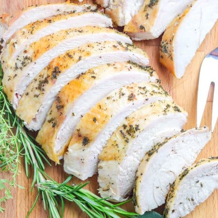 A close up overhead picture of sliced turkey breast that's been grilled.