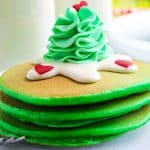 A close up of a stack of Grinch Pancakes.