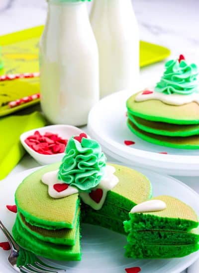 Grinch Pancakes cut into so your can see the interior texture.