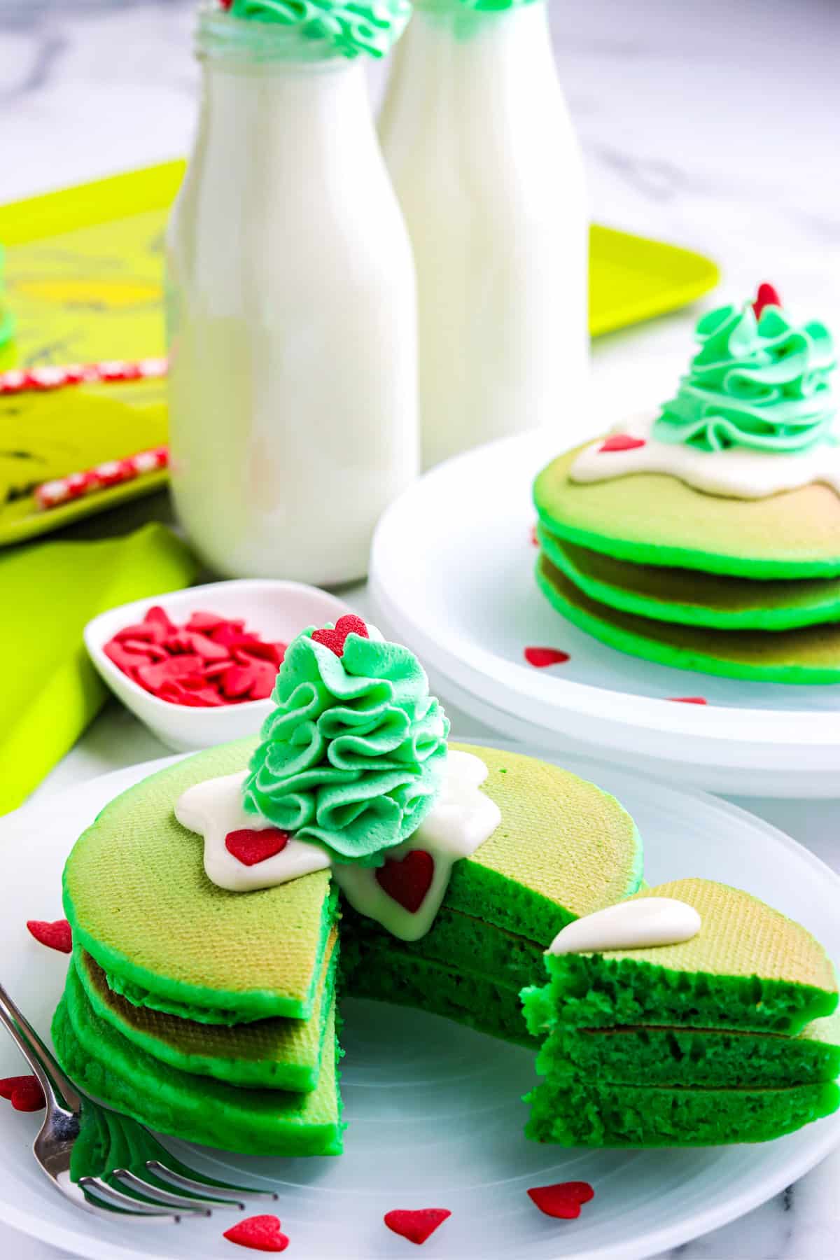 Grinch Pancakes cut into so your can see the interior texture. 