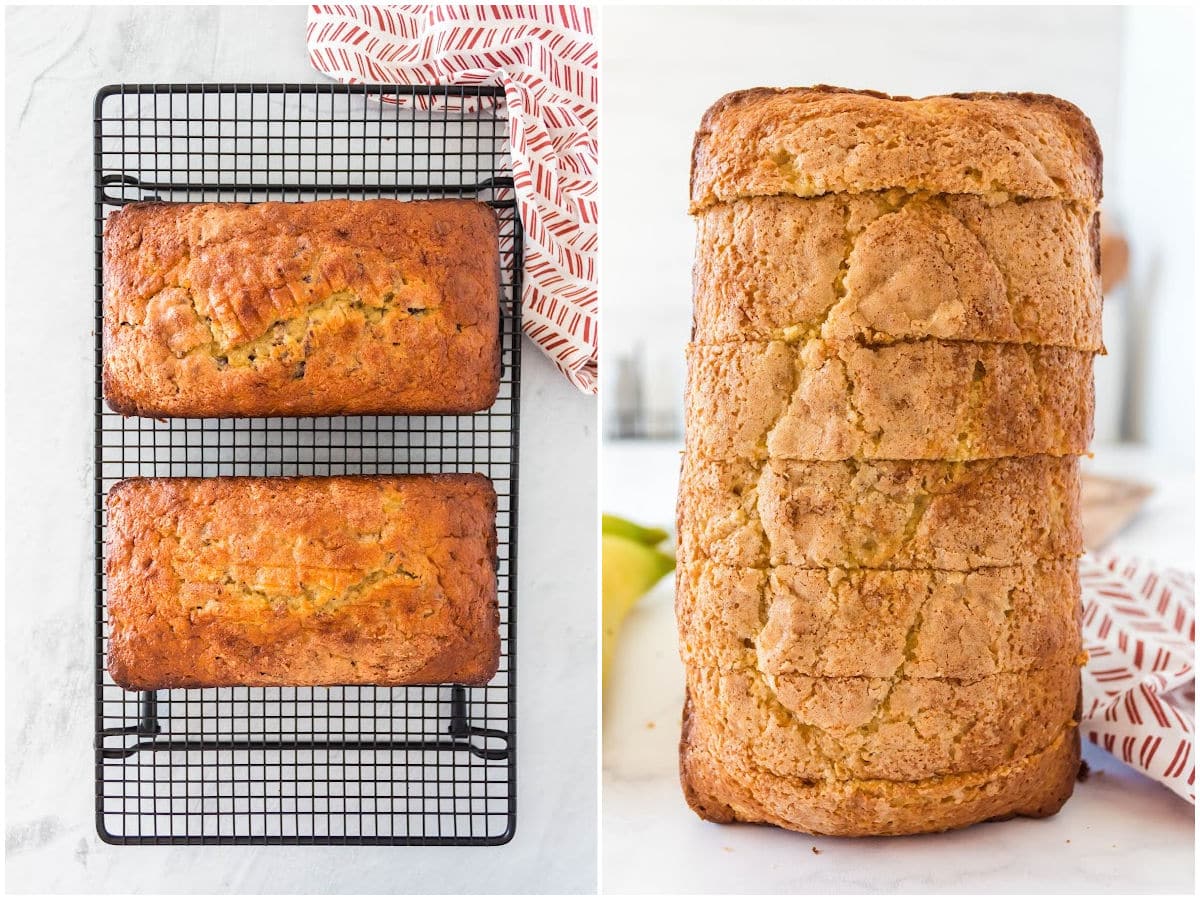 a collage showing the baked banana bread cooling on a wire rack and the banana bread after slicing it