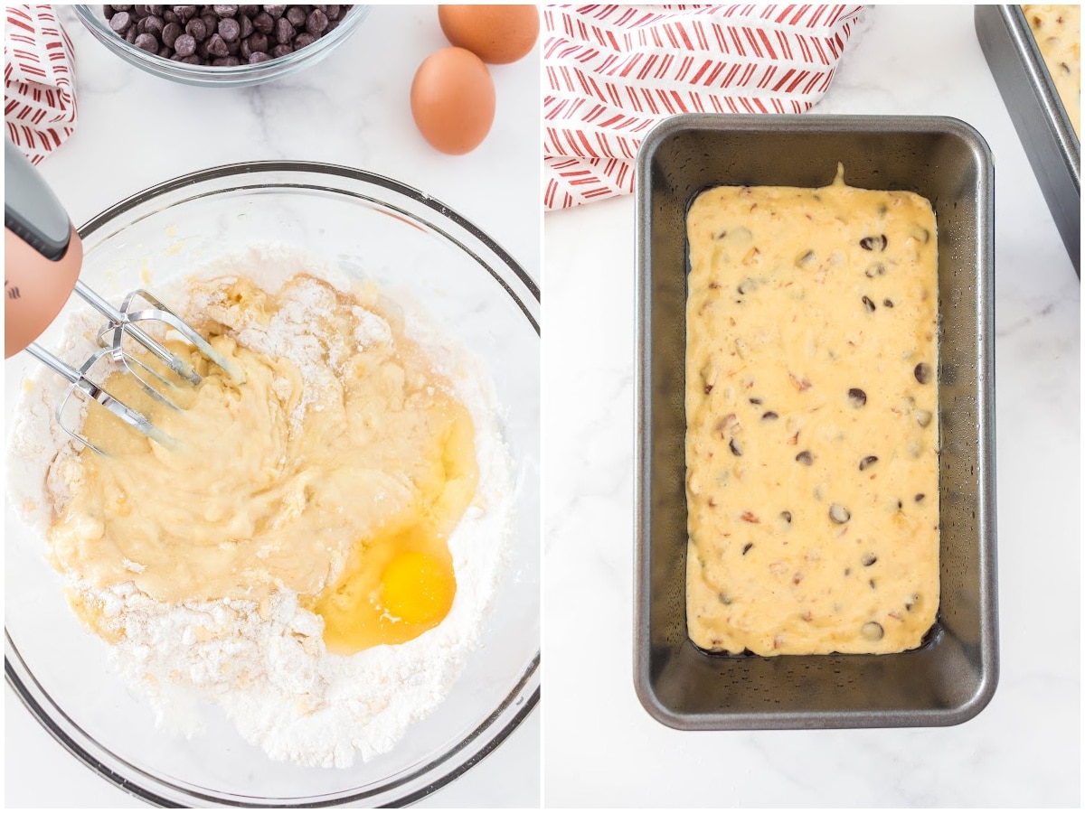 a collage showing mixing the banana bread ingredients together and pouring the batter into the pan