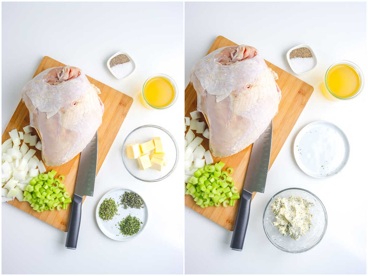 a collage showing how to make grilled turkey breast by patting the turkey dry and then mixing the butter mixture together