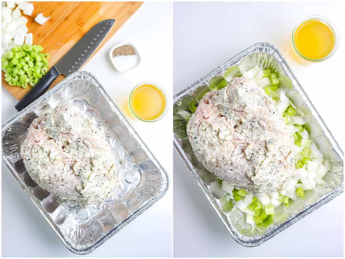 a collage showing how to make grilled turkey breast by rubbing the butter mixture over the turkey and adding celery and onions to the pan