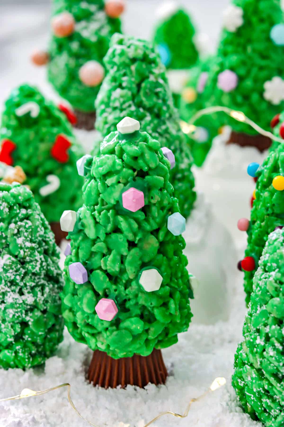 Close up of a finished Rice Krispie Christmas Tree.