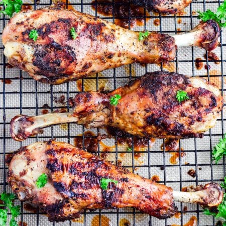 A close up overhead picture of the finished Turkey Legs.