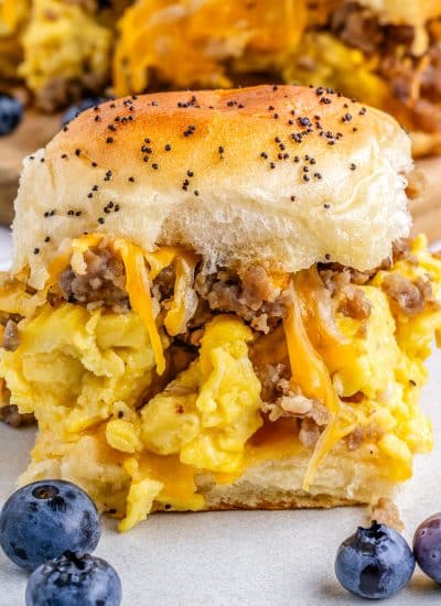 A close up of a Breakfast Sliders on a platter.
