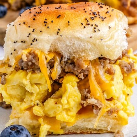 A close up of a Breakfast Slider so you can see the interior of it.