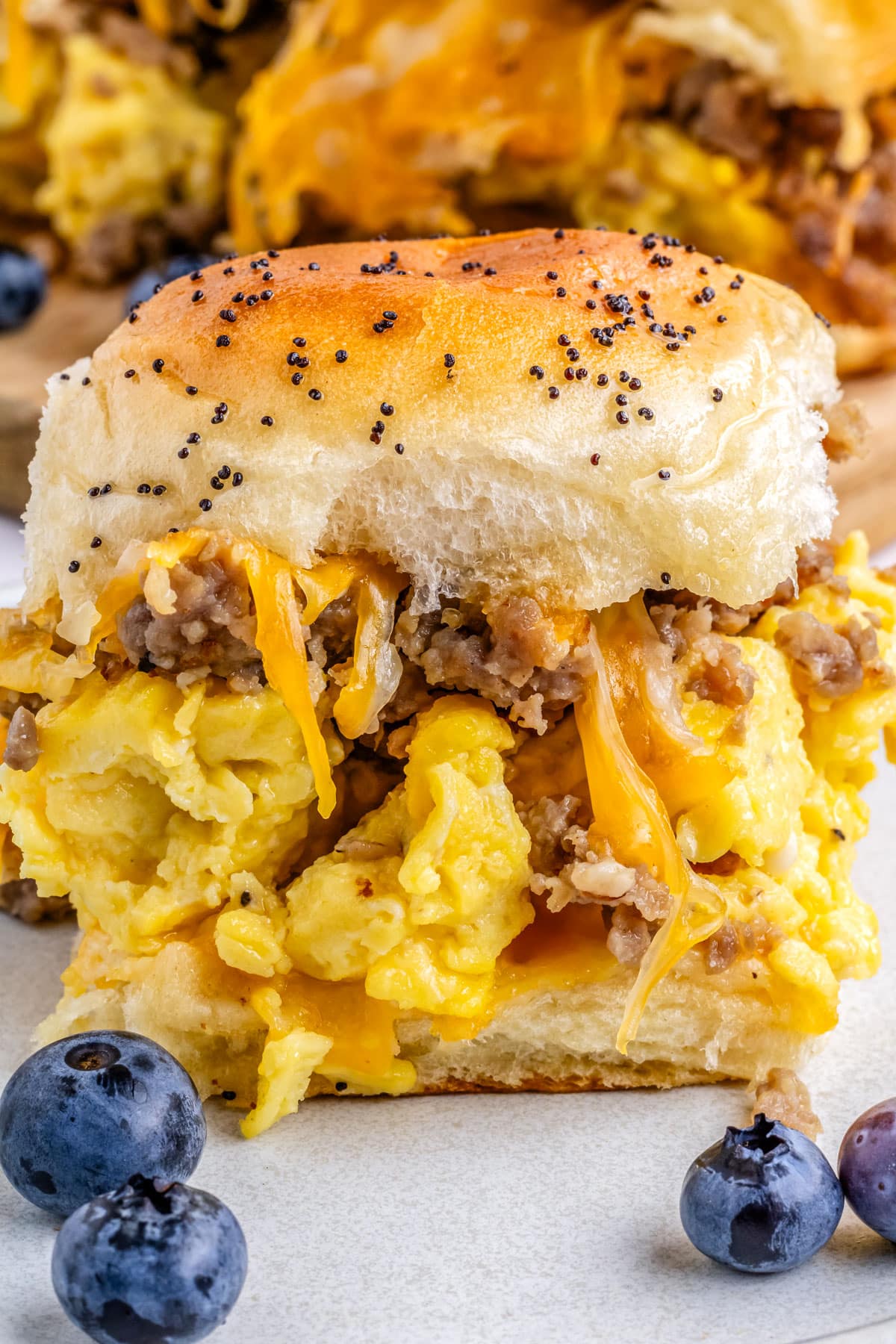 A close up of a Breakfast Sliders on a platter. 