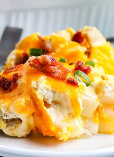 A close up of some of the chicken potato casserole on a plate.
