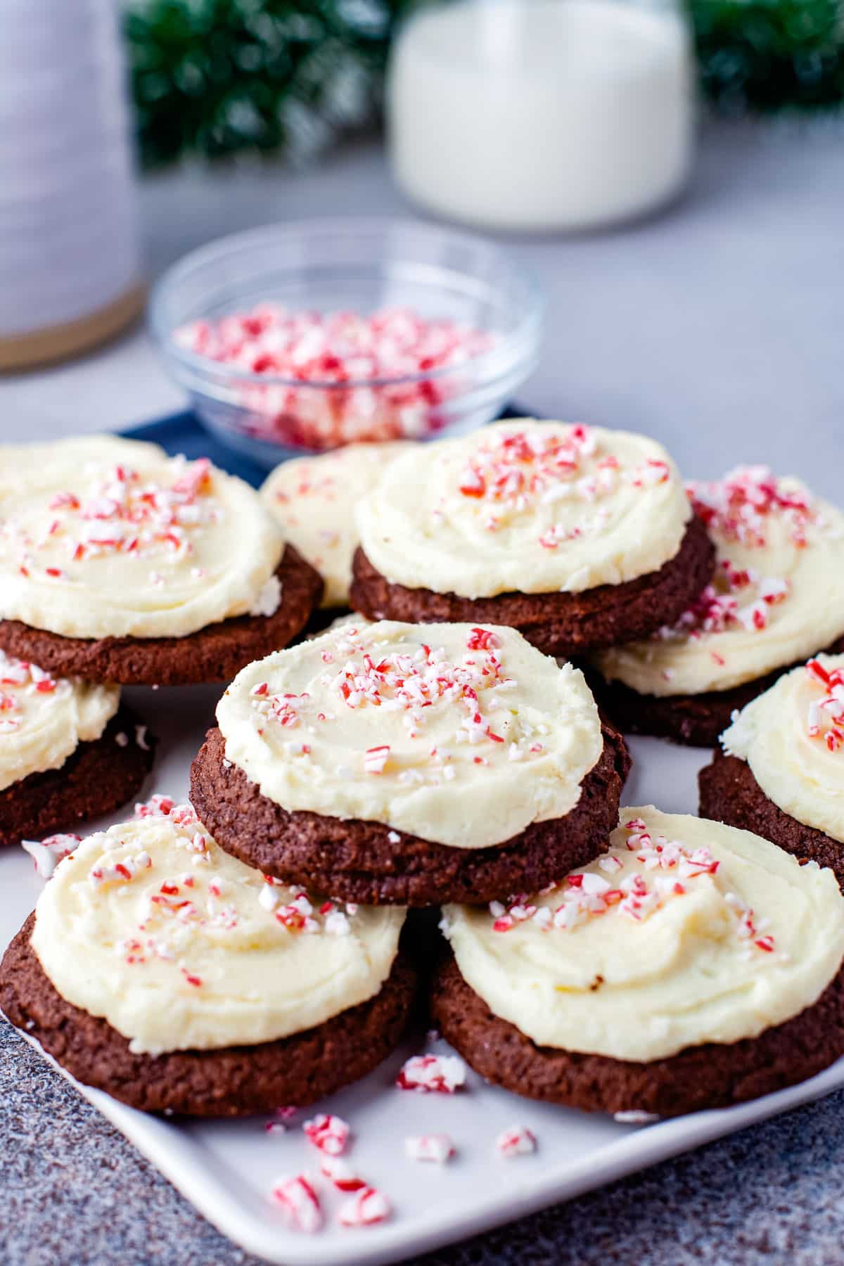 The finished chocolate peppermint cookies recipe in a pile on a white platter.