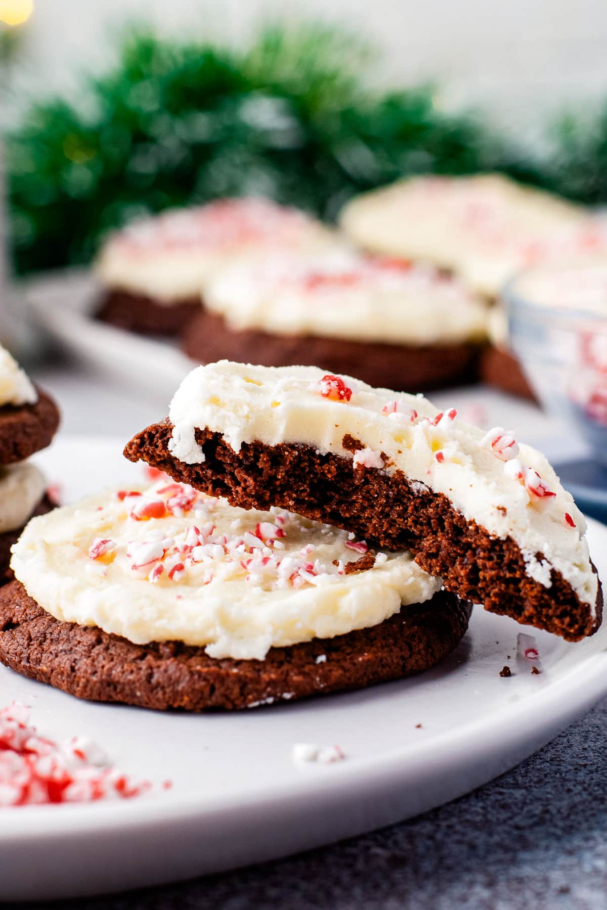 A chocolate peppermint cookie bit into so you see the soft and chewy interior.