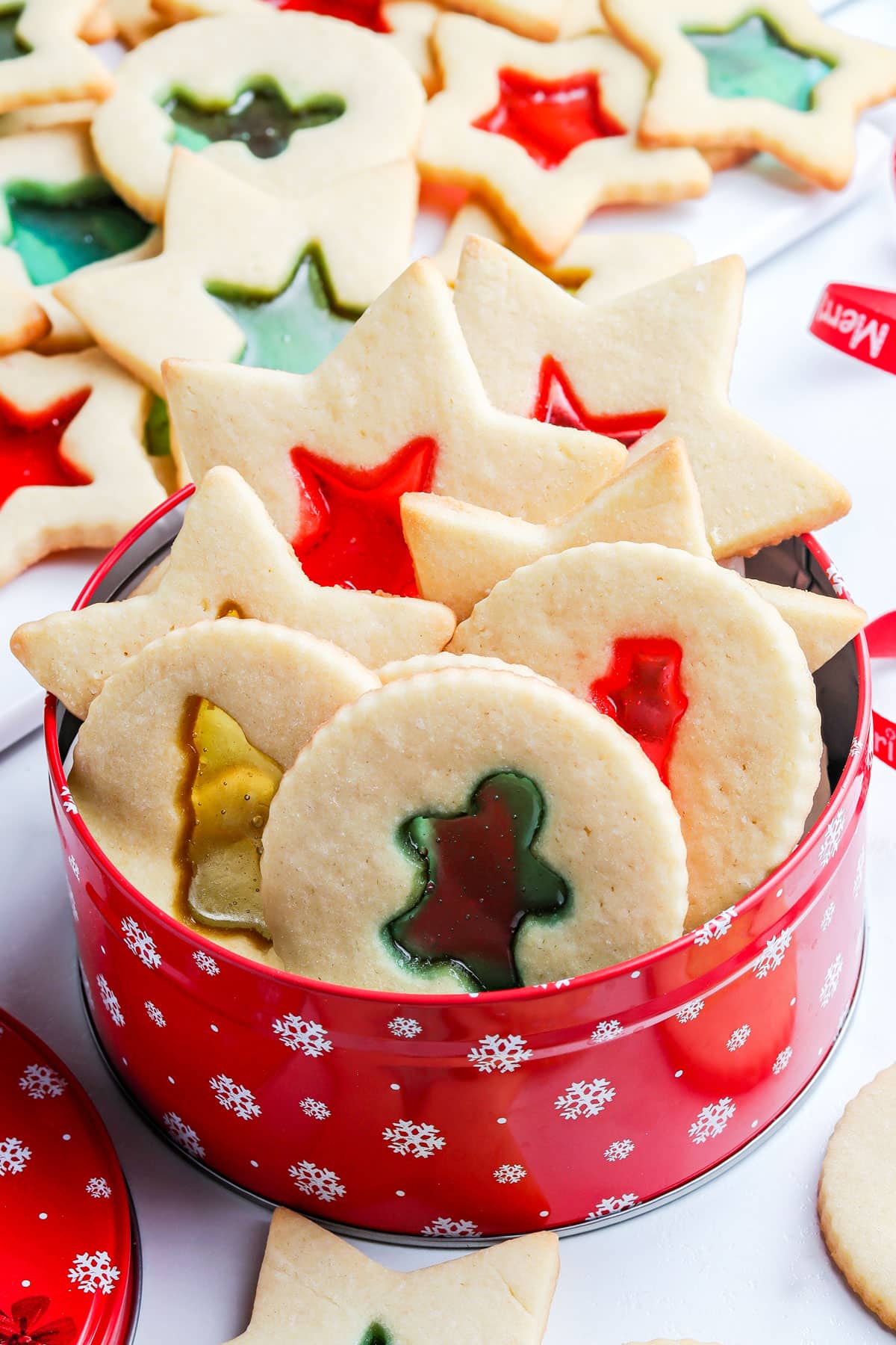 Church Window Cookies in a decorative tin for gifting.