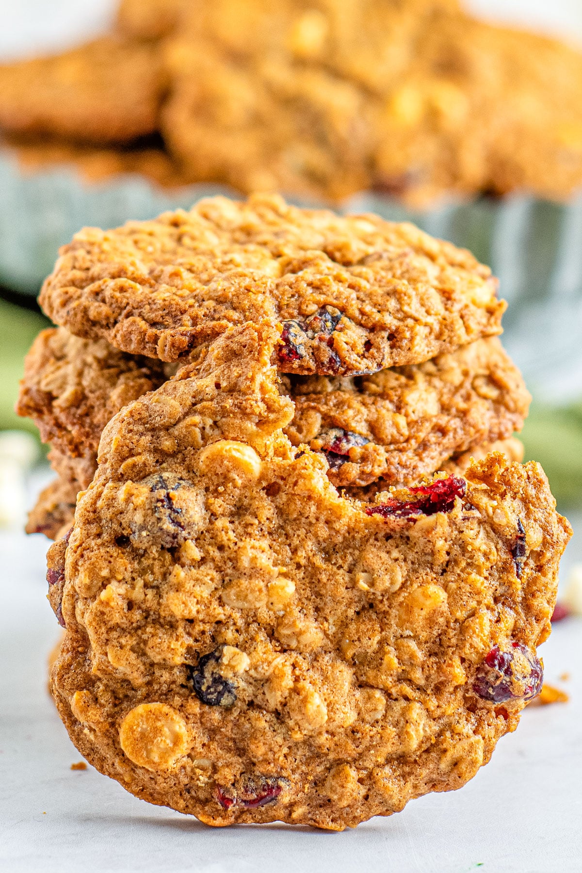 A close up of the finished cranberry white chocolate oatmeal cookies.