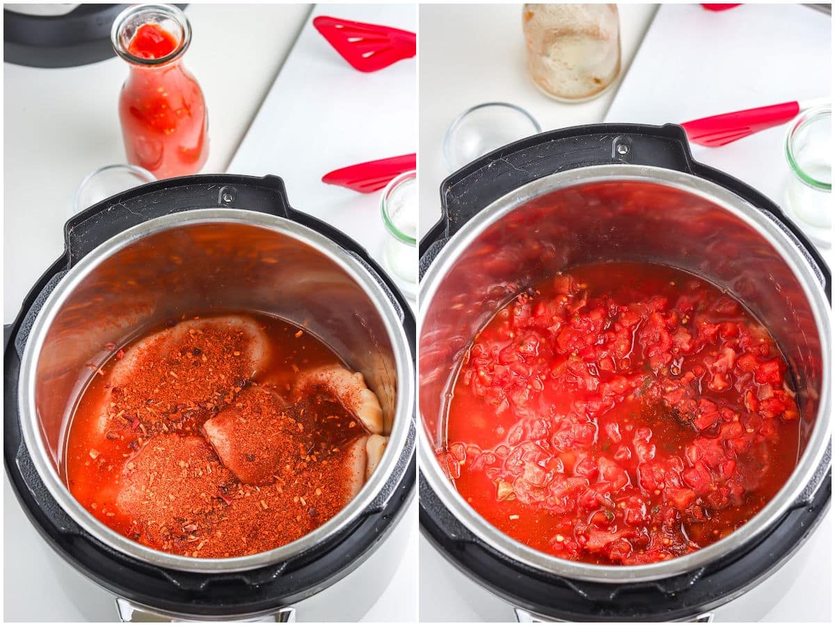 process shots for making salsa chicken by sprinkling seasonings over the chicken and then adding in more salsa