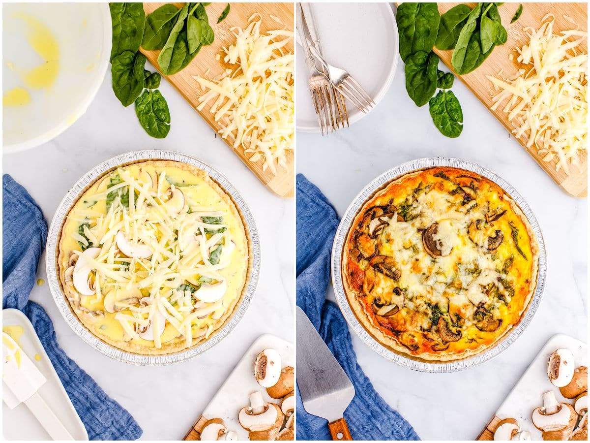 a collage showing pouring the ingredients into the pie crust and then baking the quiche