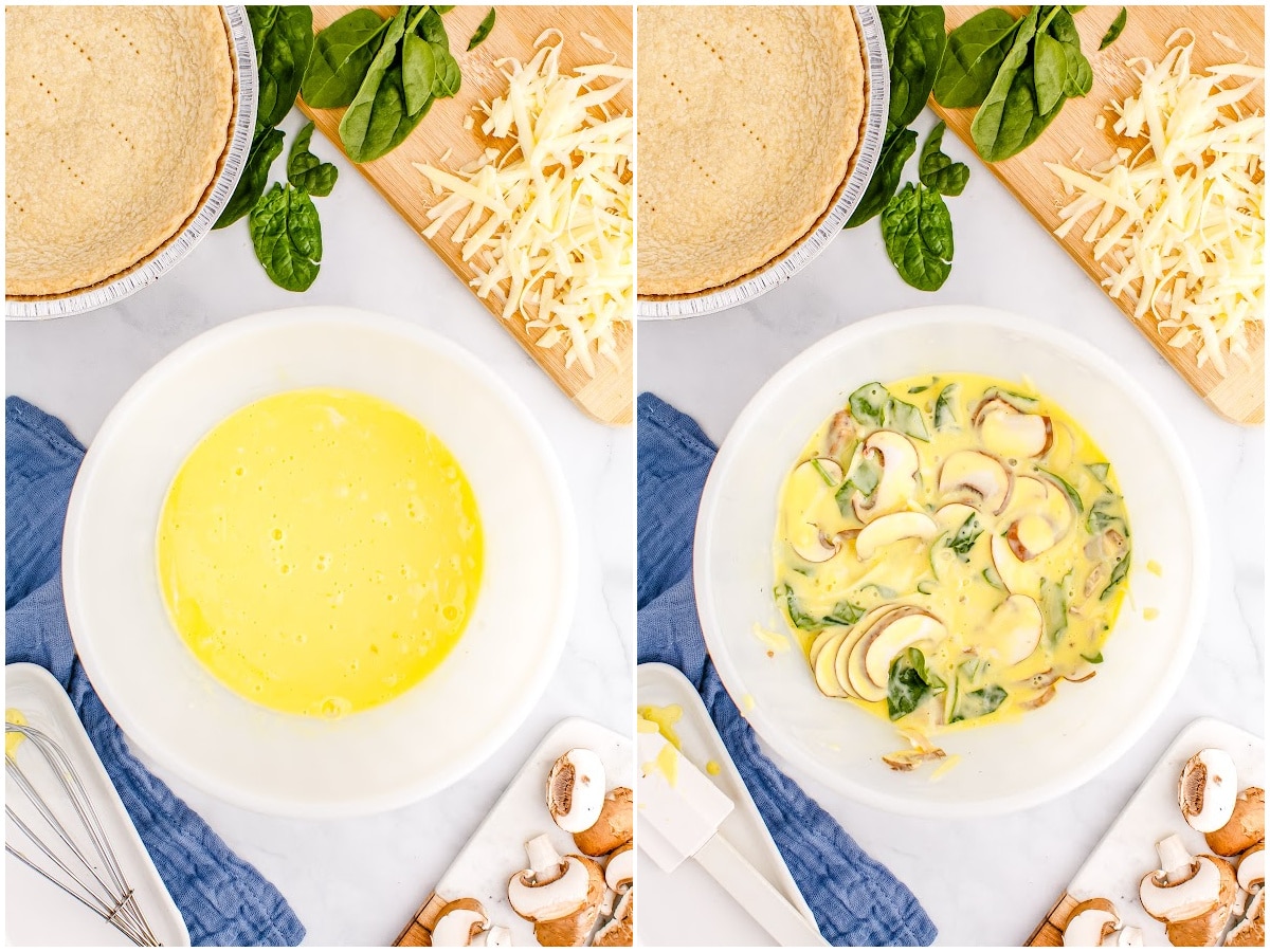 a collage showing whisking the eggs together and then mixing in the remaining ingredients for spinach quiche