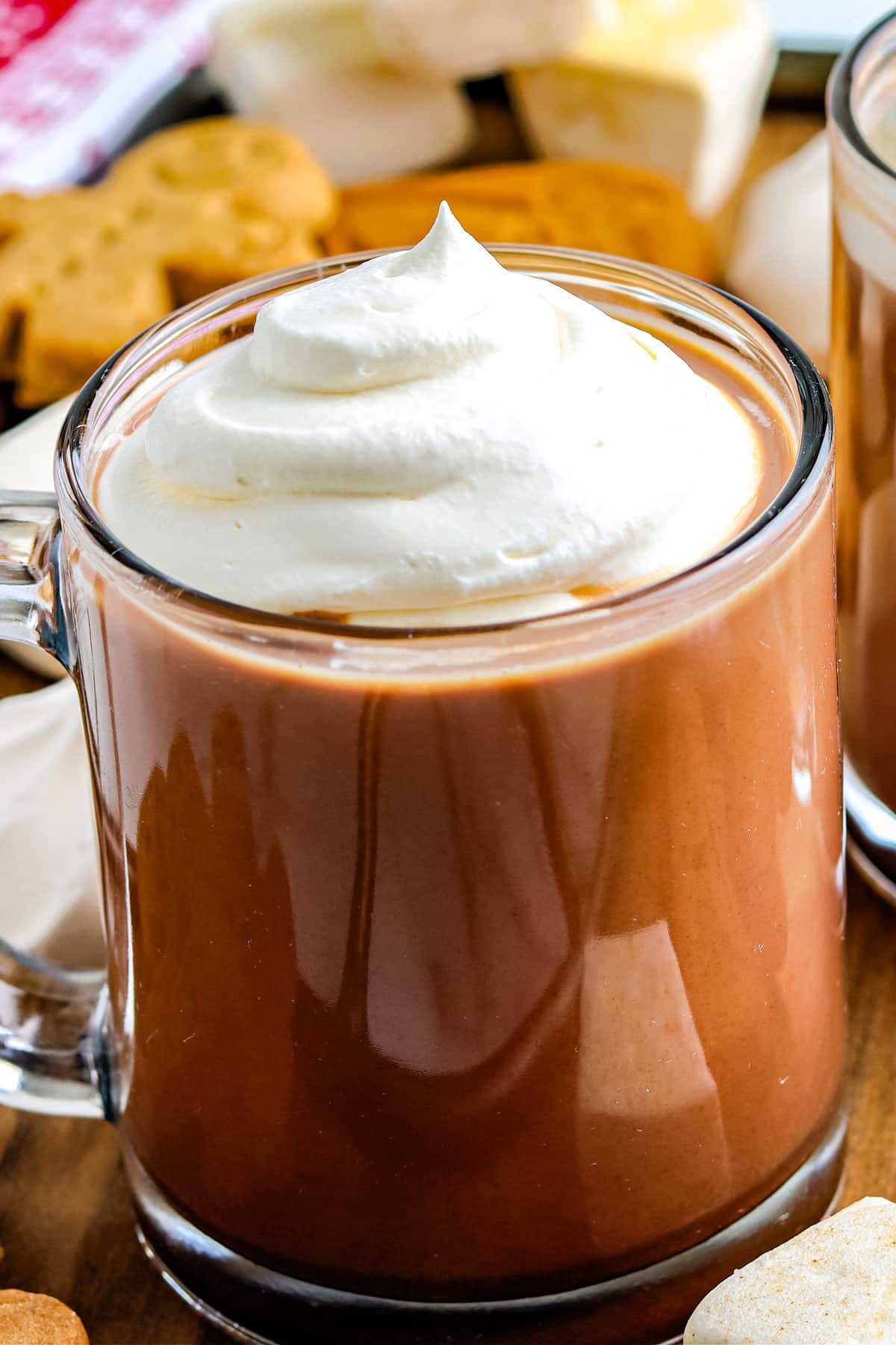 A close up of the finished Gingerbread Hot Chocolate in a glass mug.