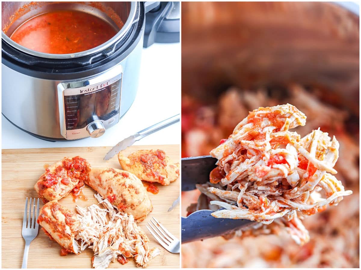 process shots for making salsa chicken by shredding the chicken and serving