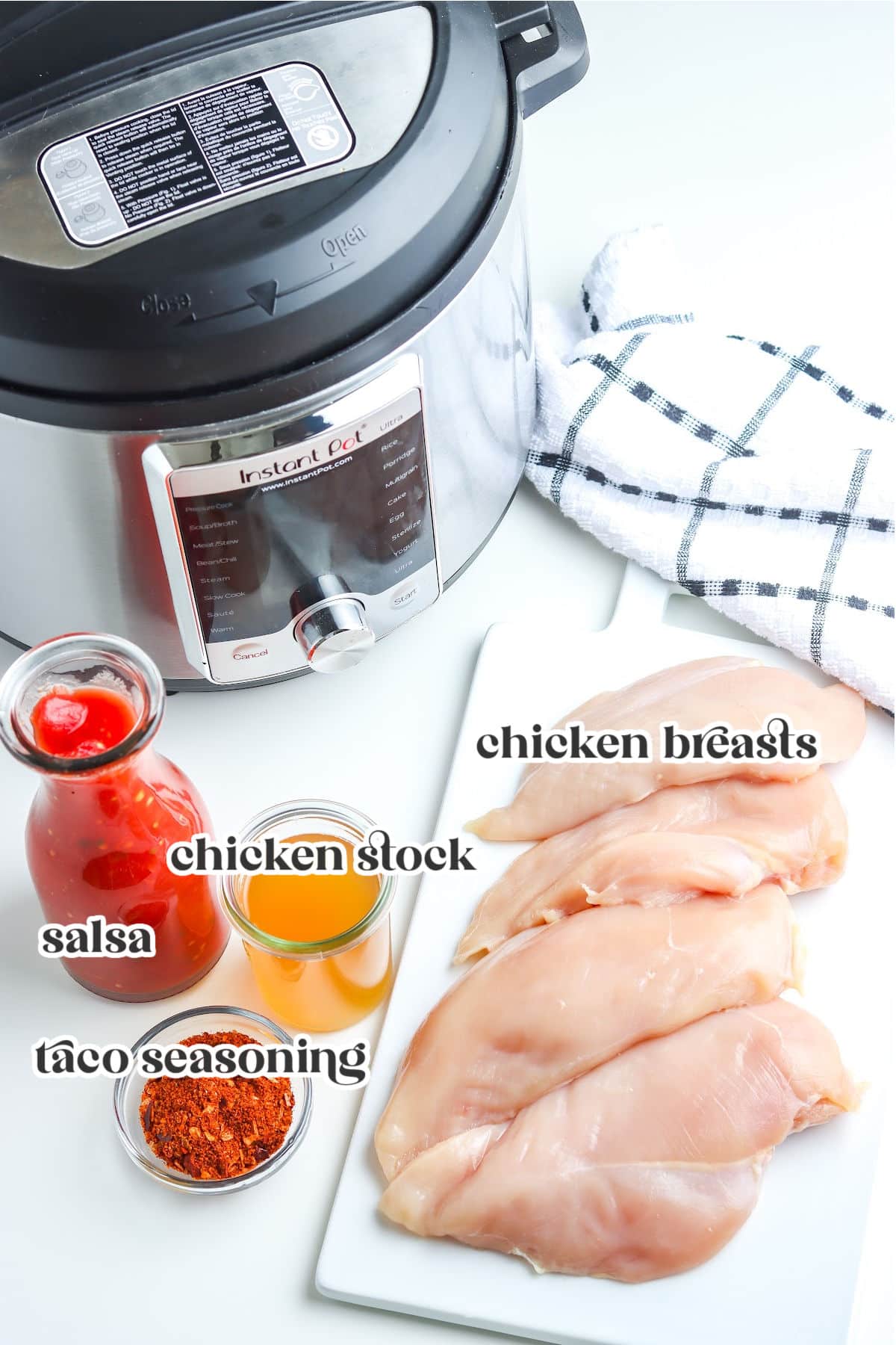 ingredients for making salsa chicken with text overlay