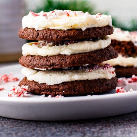 Three of the finished peppermint chocolate cookies recipe on a plate.