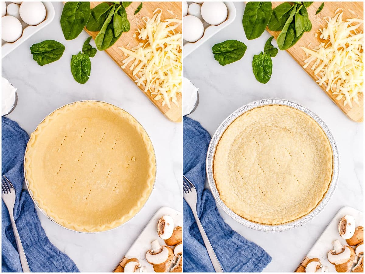 collage for making spinach quiche by poking holes in the crust and then baking it
