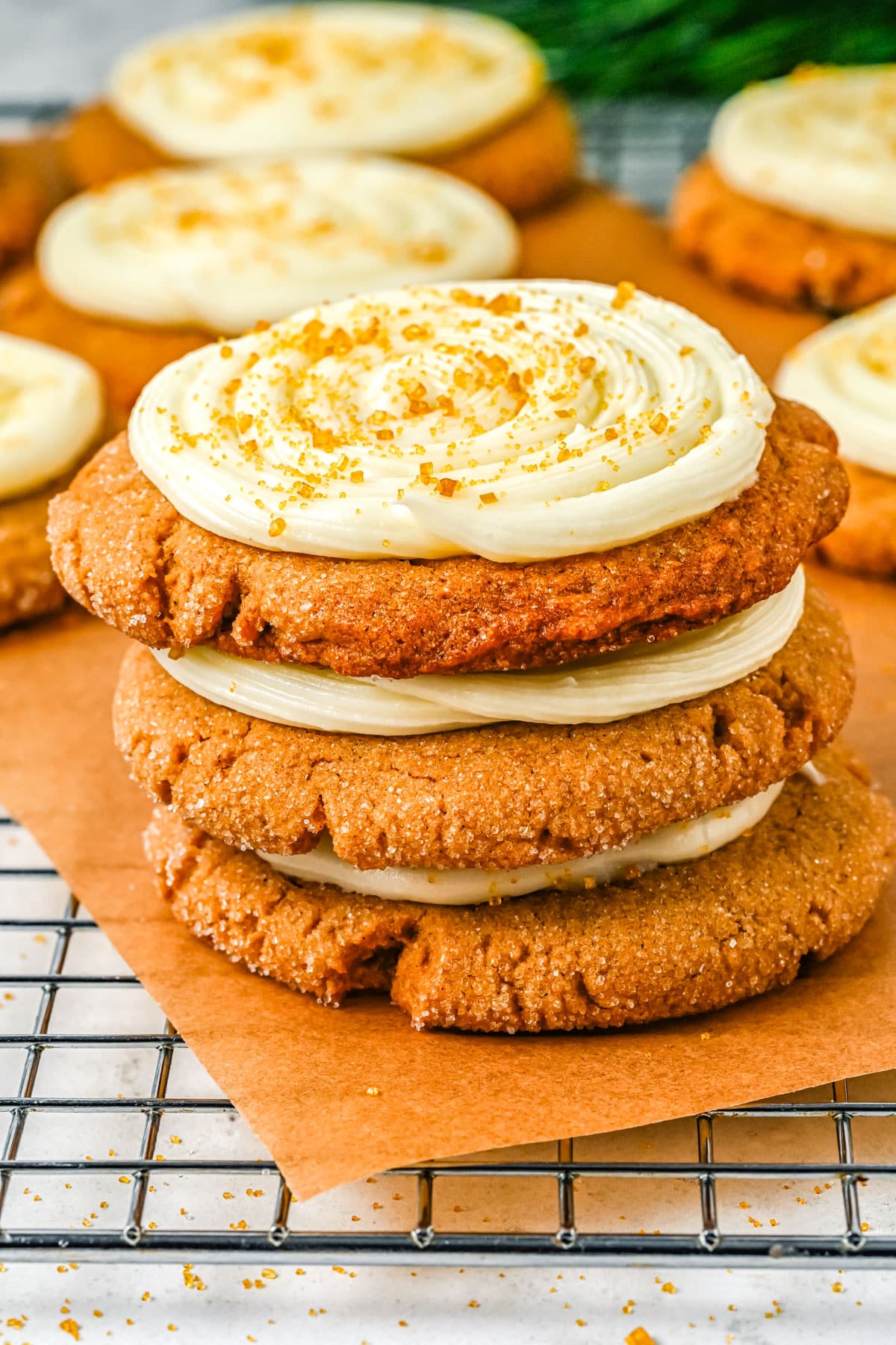 Three Soft Gingerbread Cookies stacked on top of each other. 