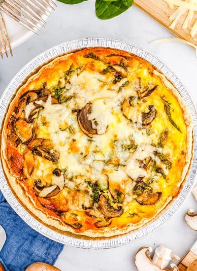 An overhead picture of the finished Spinach Mushroom Quiche.