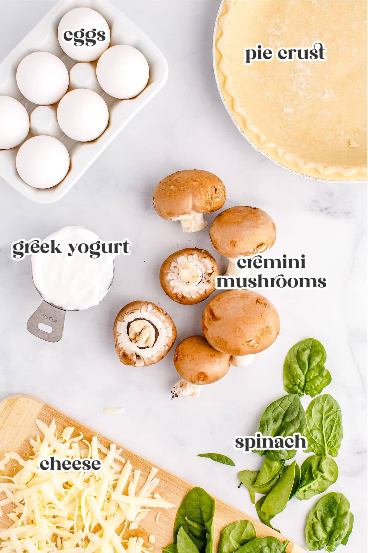ingredients for spinach quiche with text overlay
