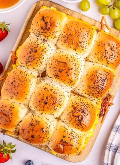 An overhead picture of twelve Breakfast Sliders made with Hawaiian Rolls.