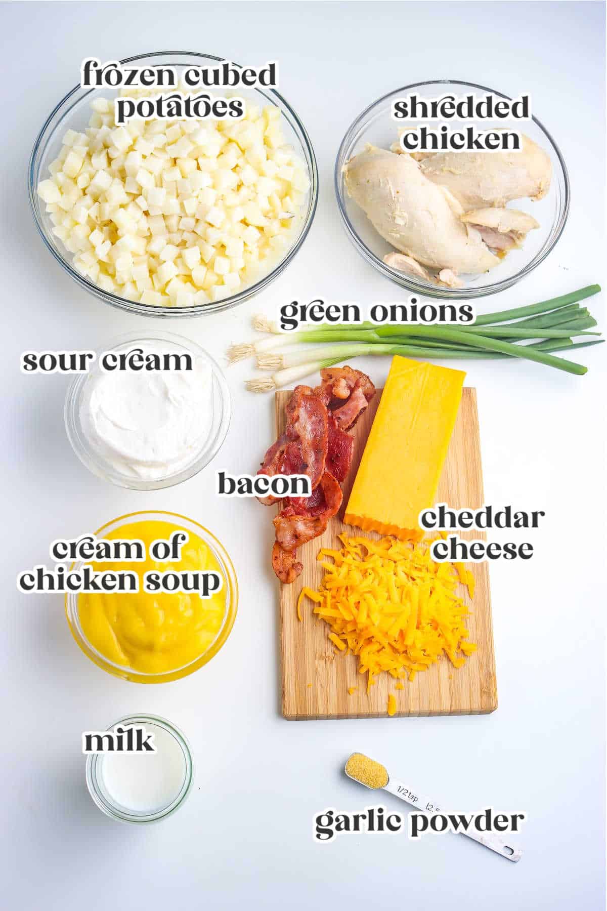 ingredients for making chicken and potato casserole with text overlay