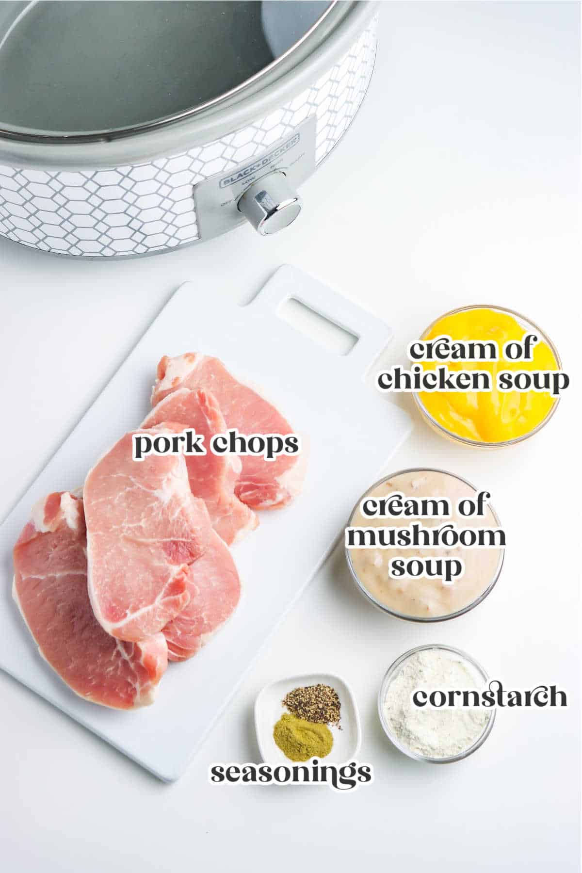 ingredients for smothered pork chops in the crockpot with text overlay