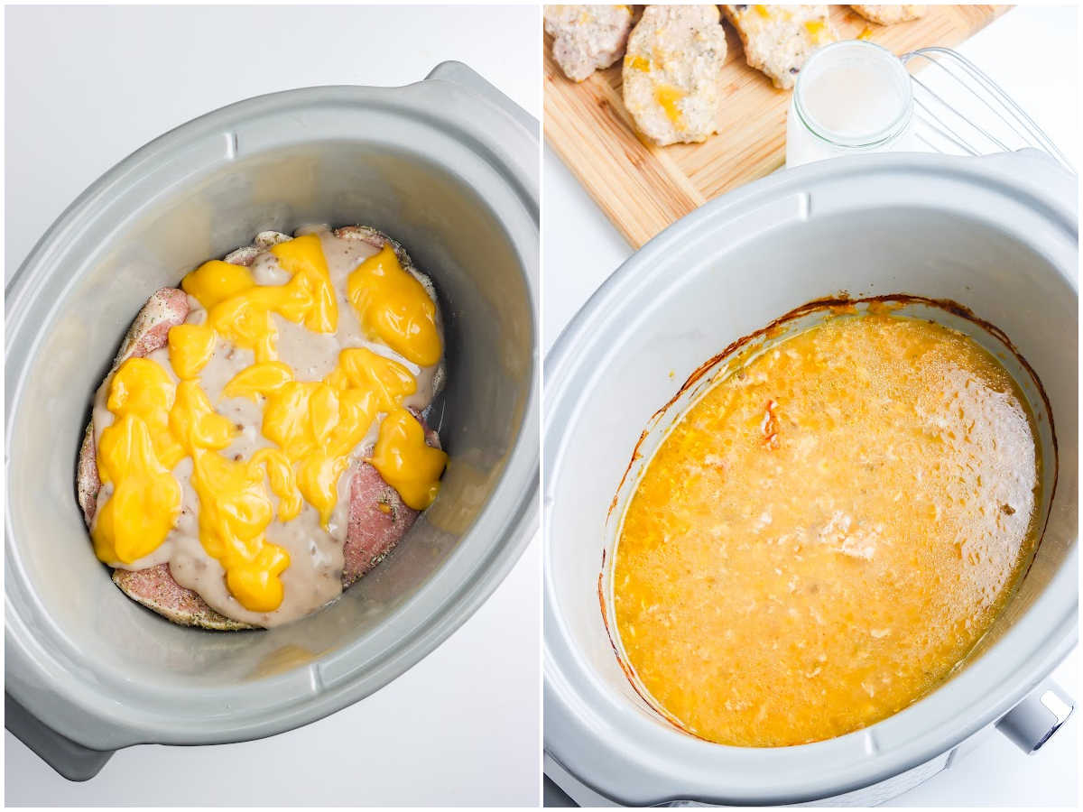 a collage showing how to make crockpot smothered pork chops by adding the soups to the crockpot and cooking it on low