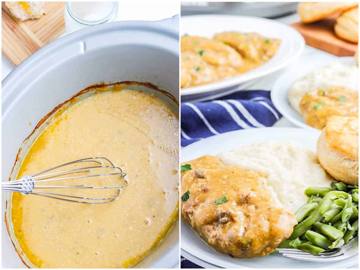 a collage showing how to make smothered pork chops in the crockpot by whisking in the slurry and serving the pork chops
