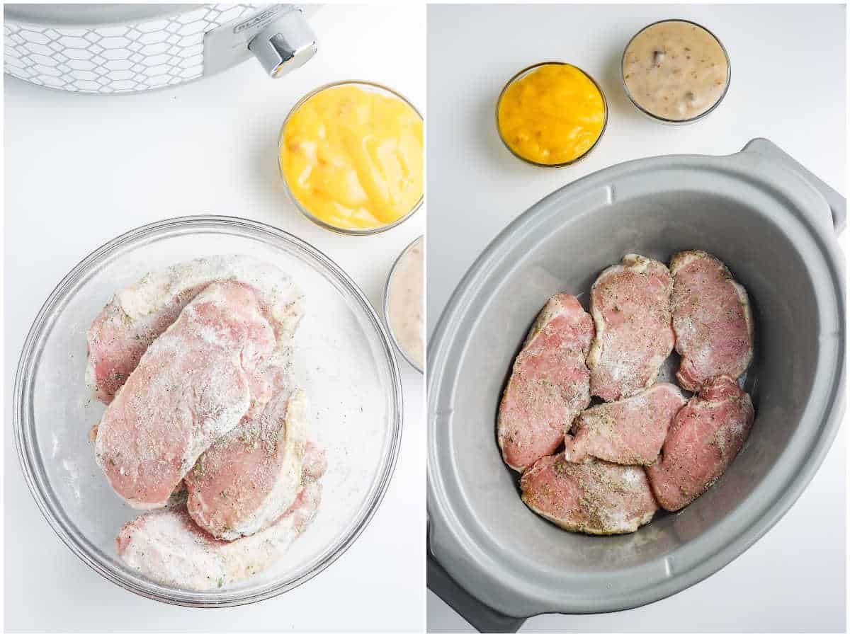 a collage showing how to make crockpot pork chops by adding the seasonings and putting the pork chops in the crockpot