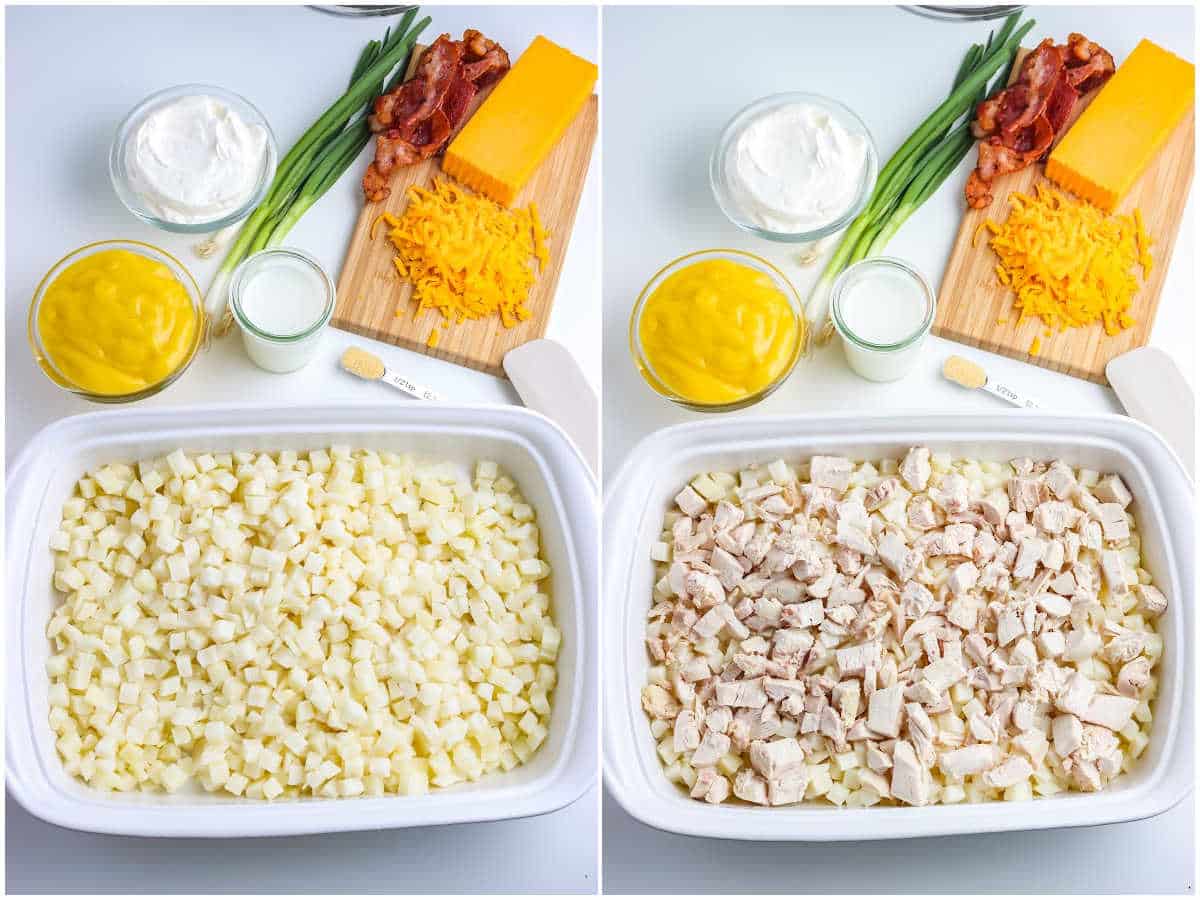 a collage showing how to make chicken and potato casserole by spreading the potatoes over the bottom of the dish followed by the shredded chicken