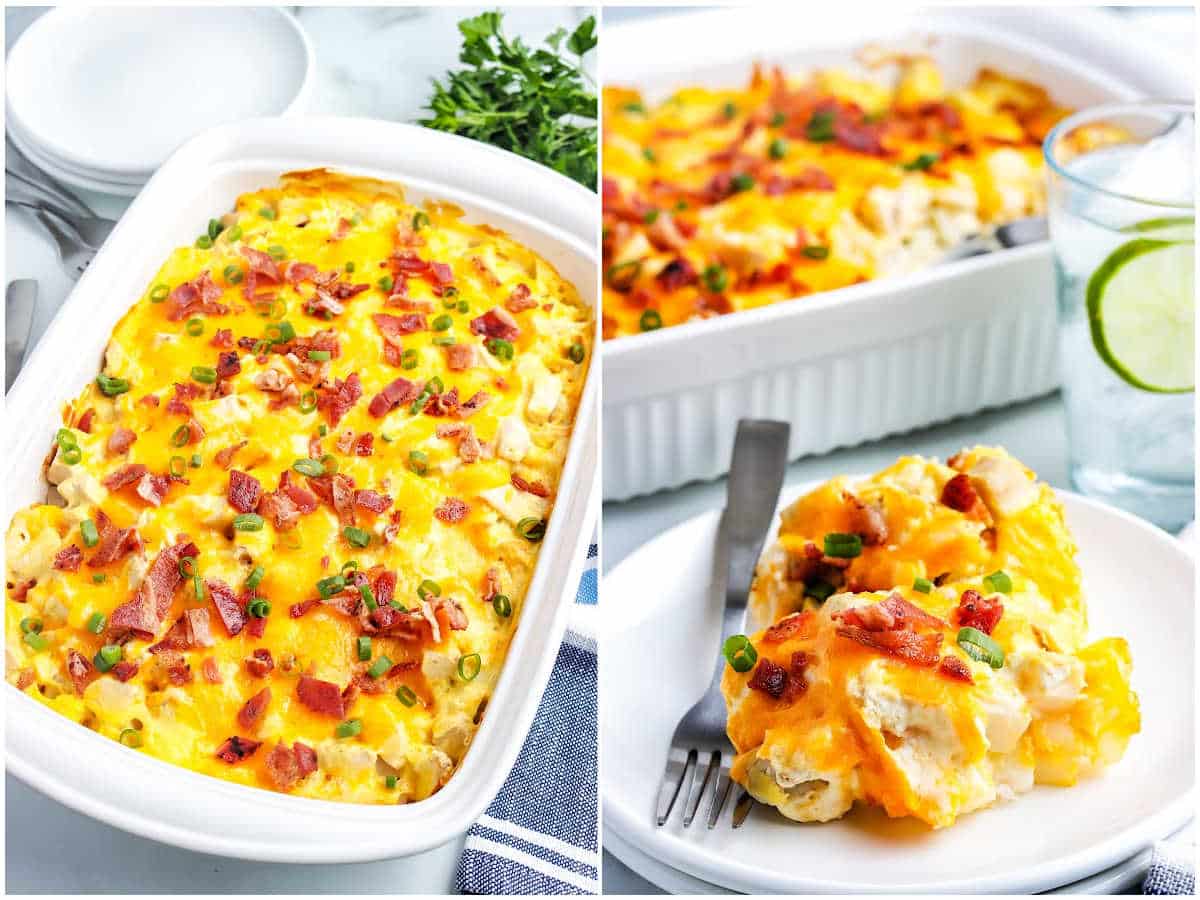 a collage showing the finished casserole after baking, adding garnishes, and serving