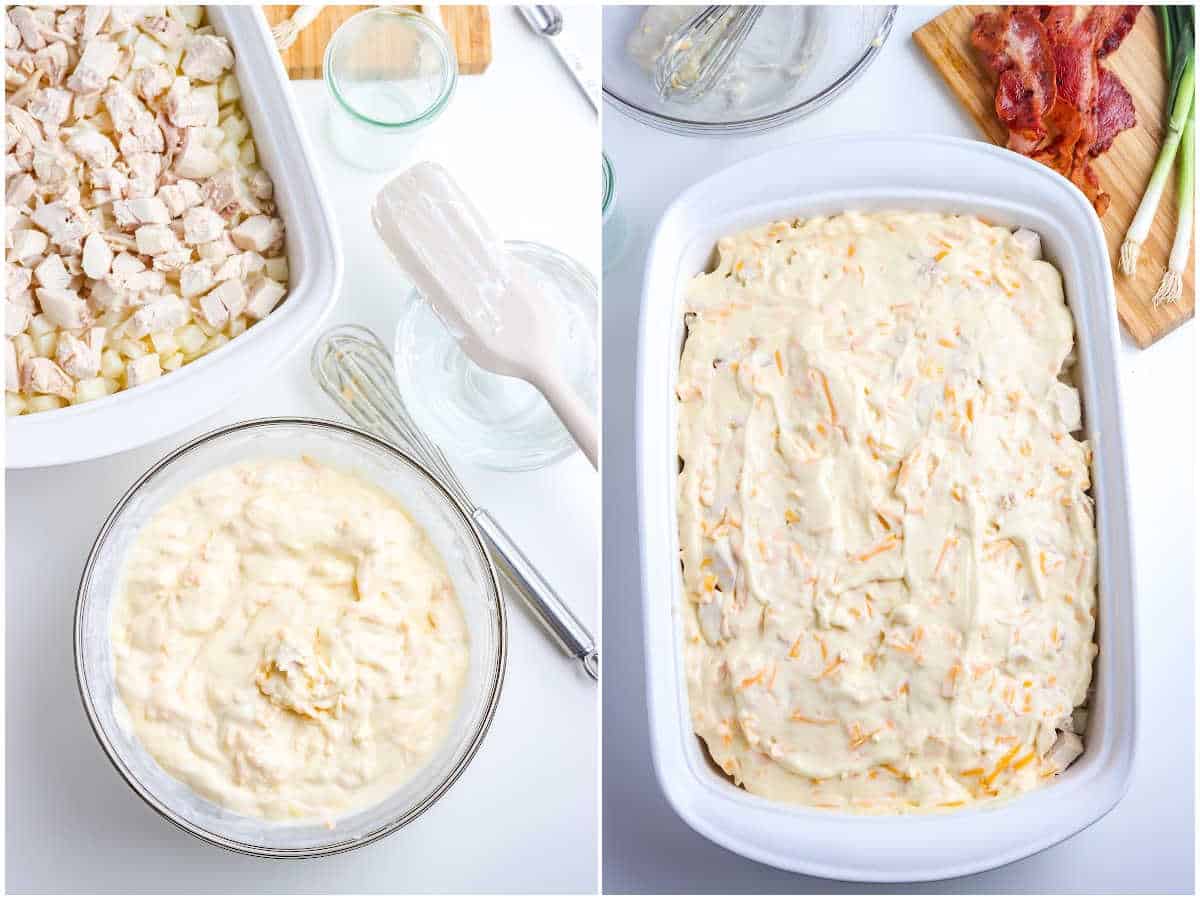 a collage showing how to make chicken and potato casserole by whisking the sauce ingredients together and then spreading the sauce over the chicken layer