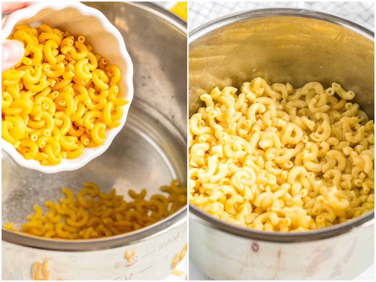 a collage showing how to make instant pot mac and cheese by adding the ingredients to the instant pot and then pressure cooking the noodles