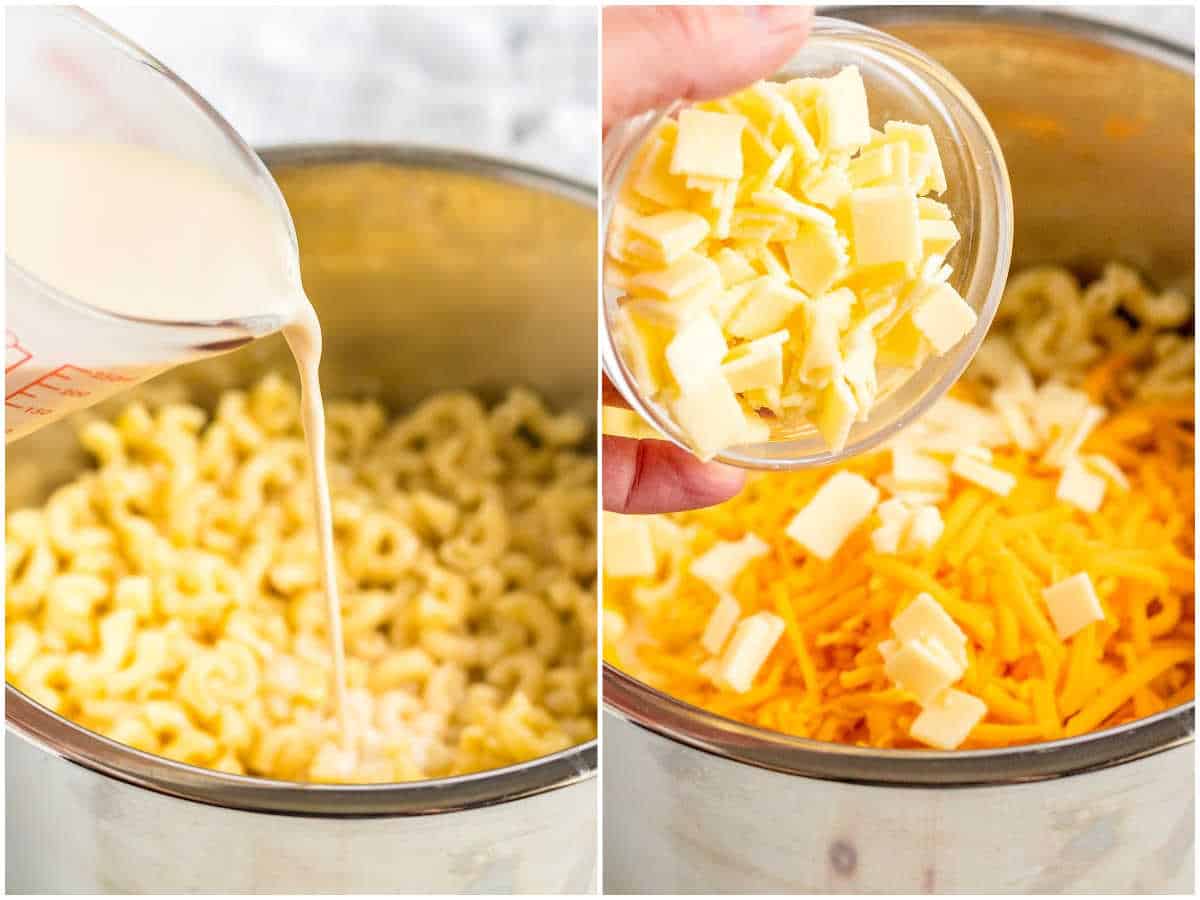 a collage showing how to make instant pot mac and cheese by adding evaporated milk and then stirring in the cheeses