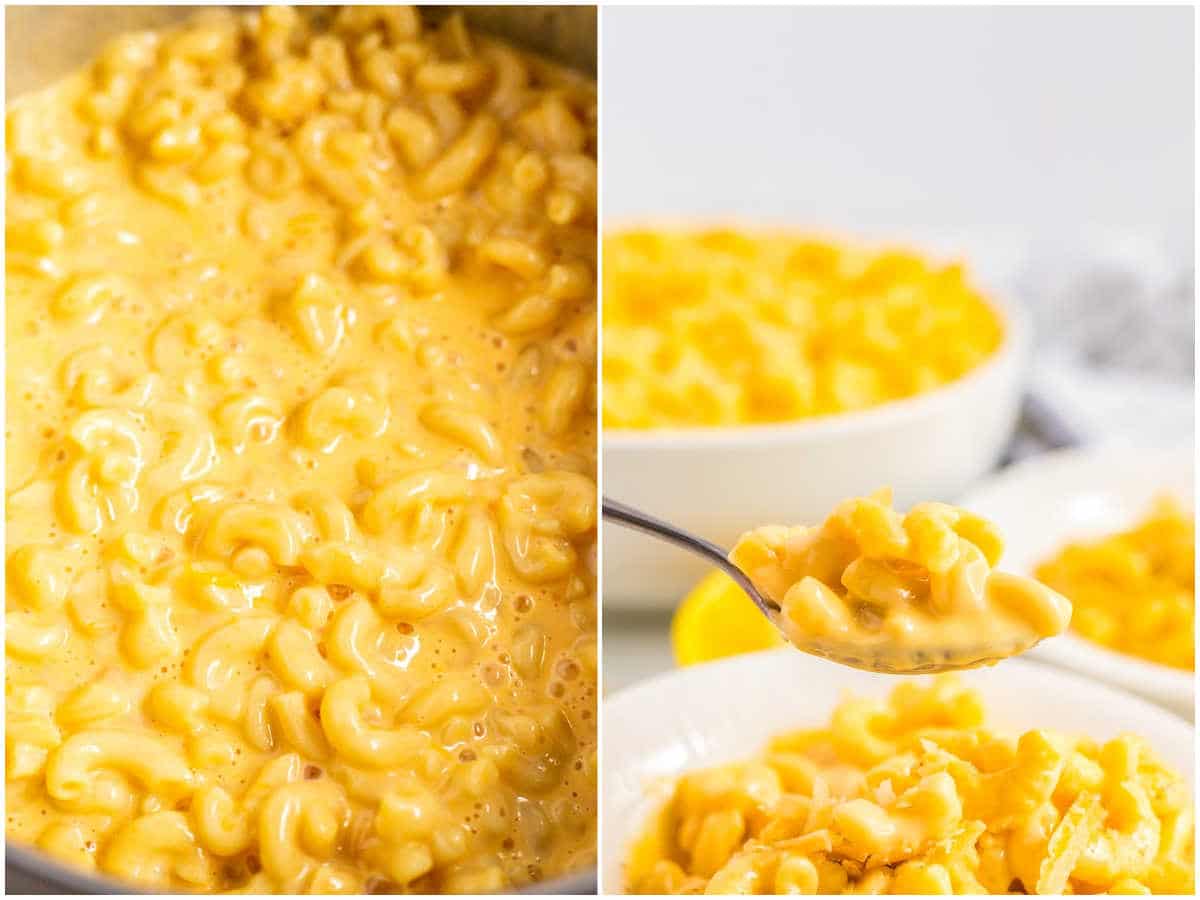 a collage showing how to make instant pot and mac and cheese by mixing until creamy and serving