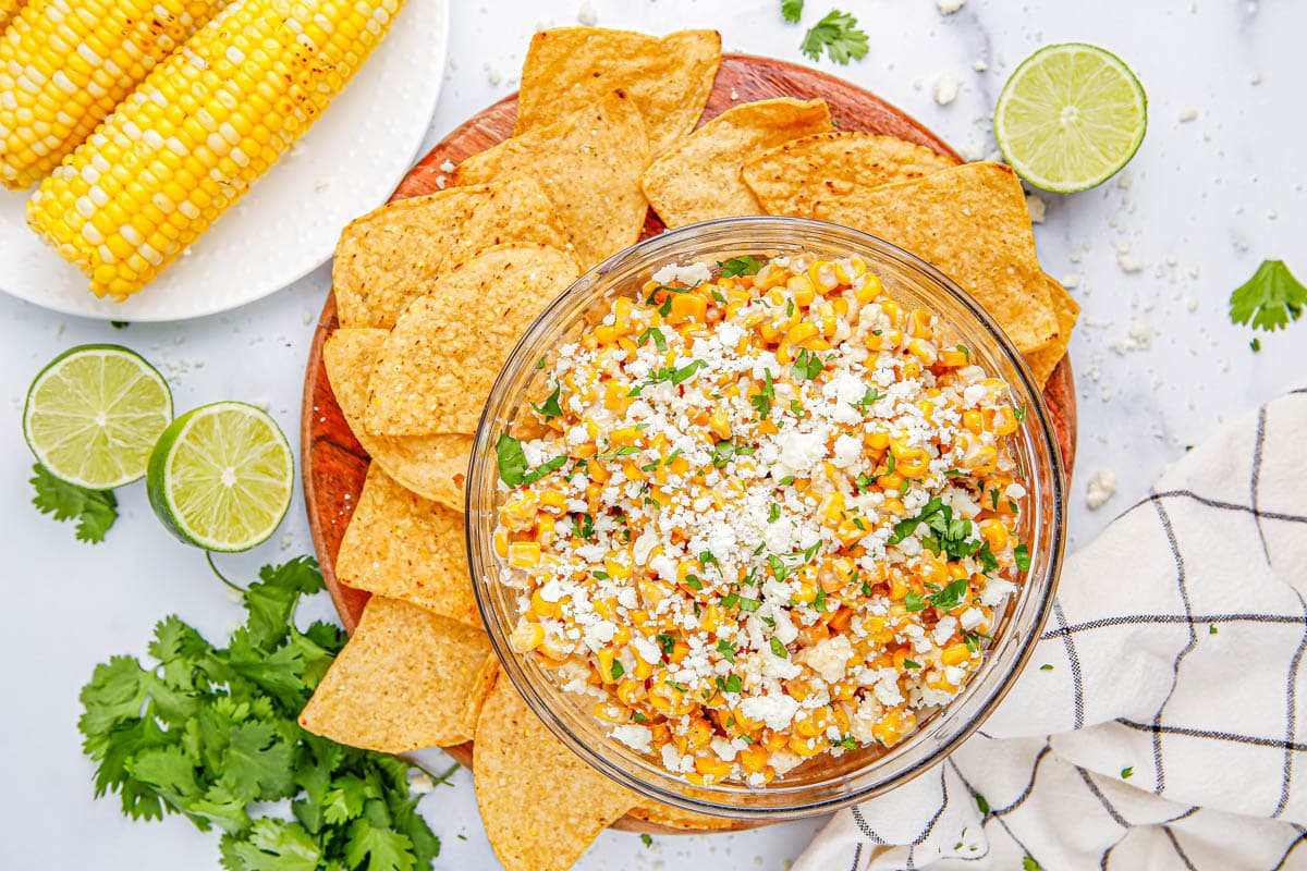 The complete corn dip on a serving platter.